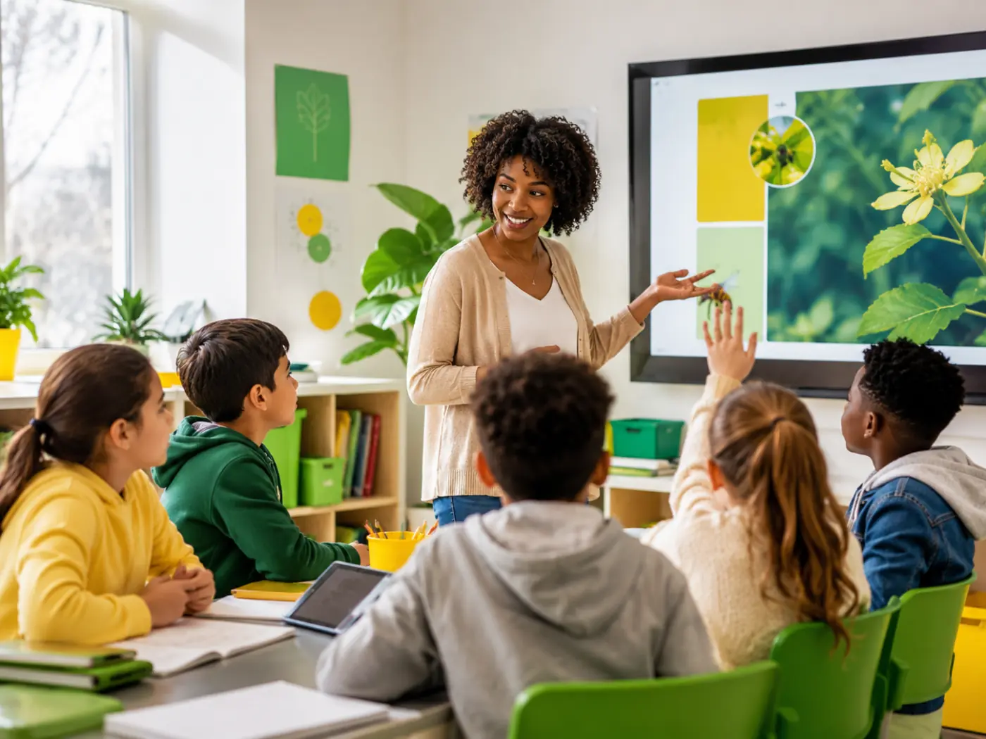 Teacher guiding students in a calm classroom