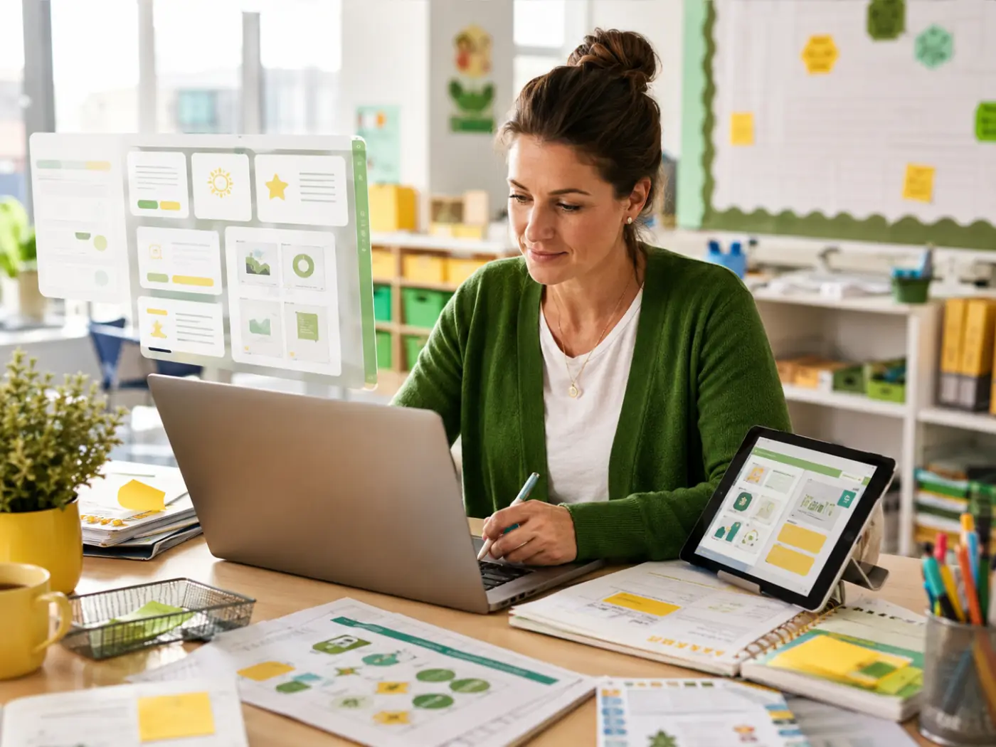 Teacher using AI within a connected school and classroom workspace